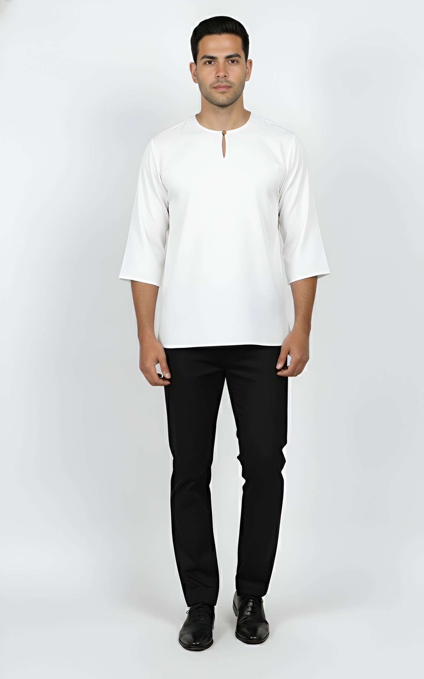 Kurta Lelaki Dewasa Tiga Suku Premium Crepe Dengan Wooded Button (White)