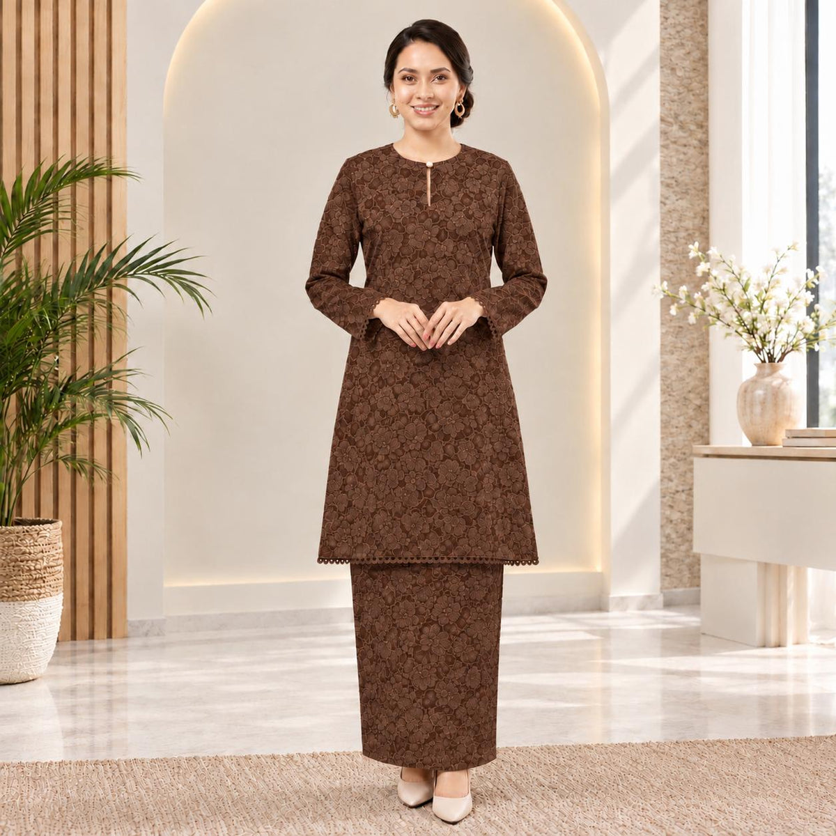 SERI KENCANA Kurung Riau Floral - Sutera Vietnam With Premium Lace - Modest Fashion Wanita Muslimah