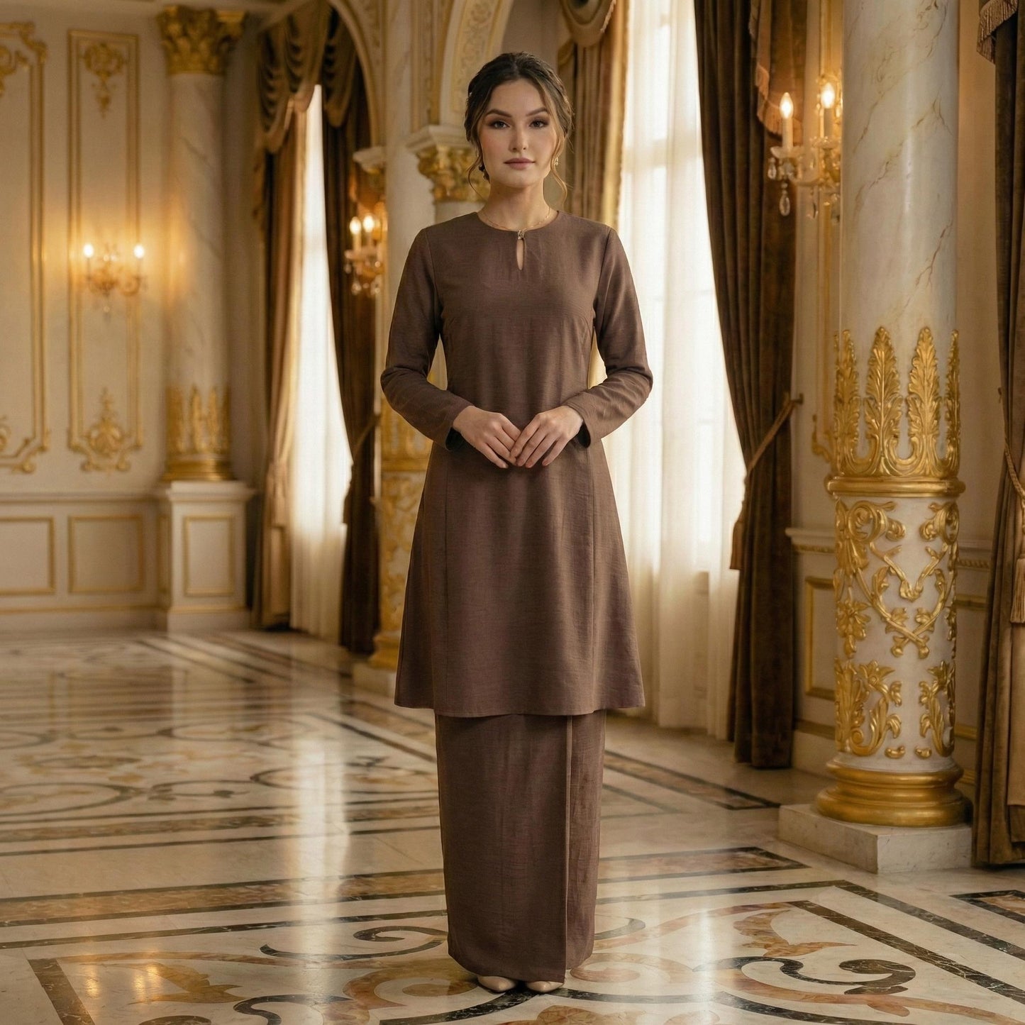 Baju Kurung Pahang Berpesak Material Cotton Plain (Rich Brown)