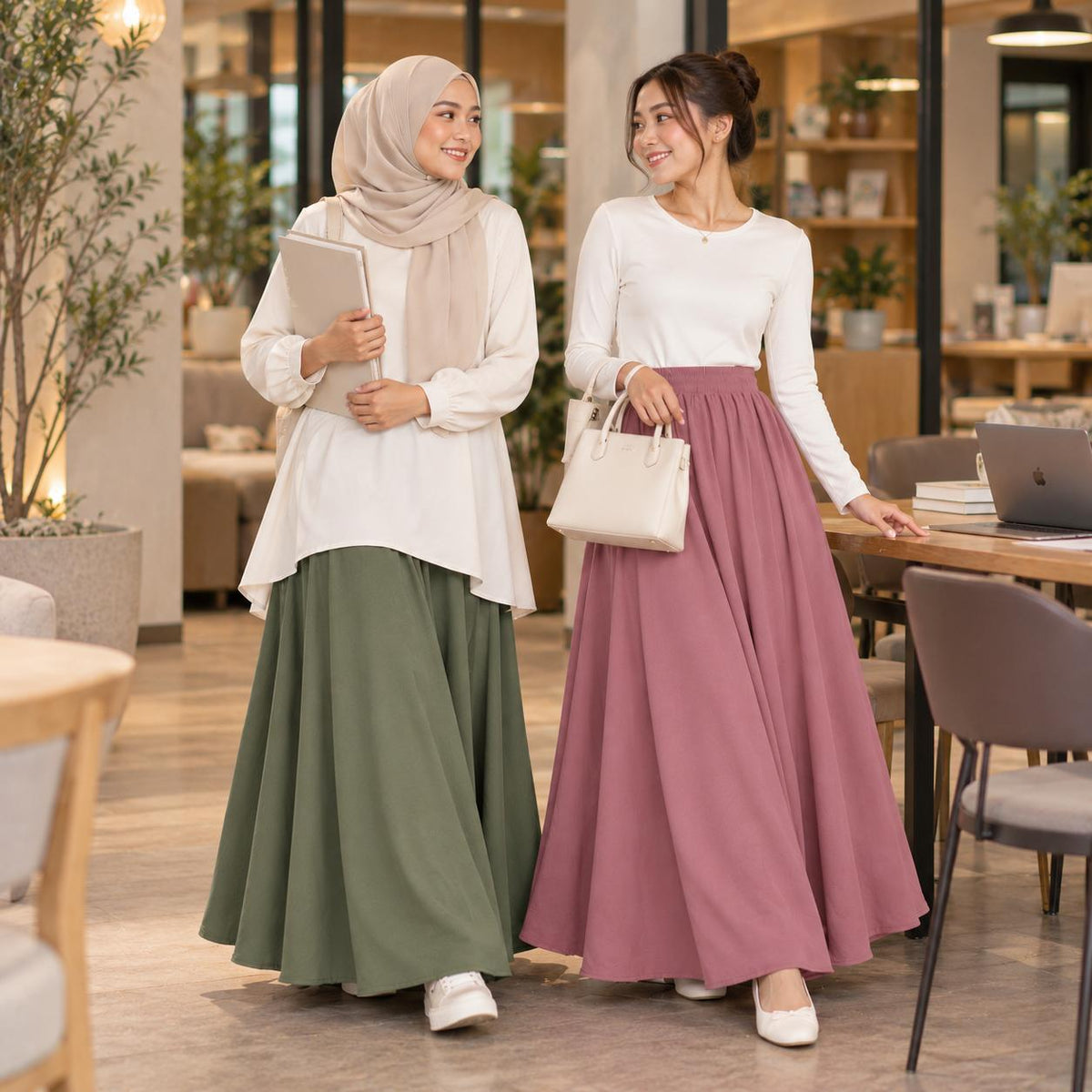 AINA Maxi Skirt – Skirt Labuh Kembang Pinggang Getah – Long Flowy Skirt Modest Fashion Wanita Muslimah