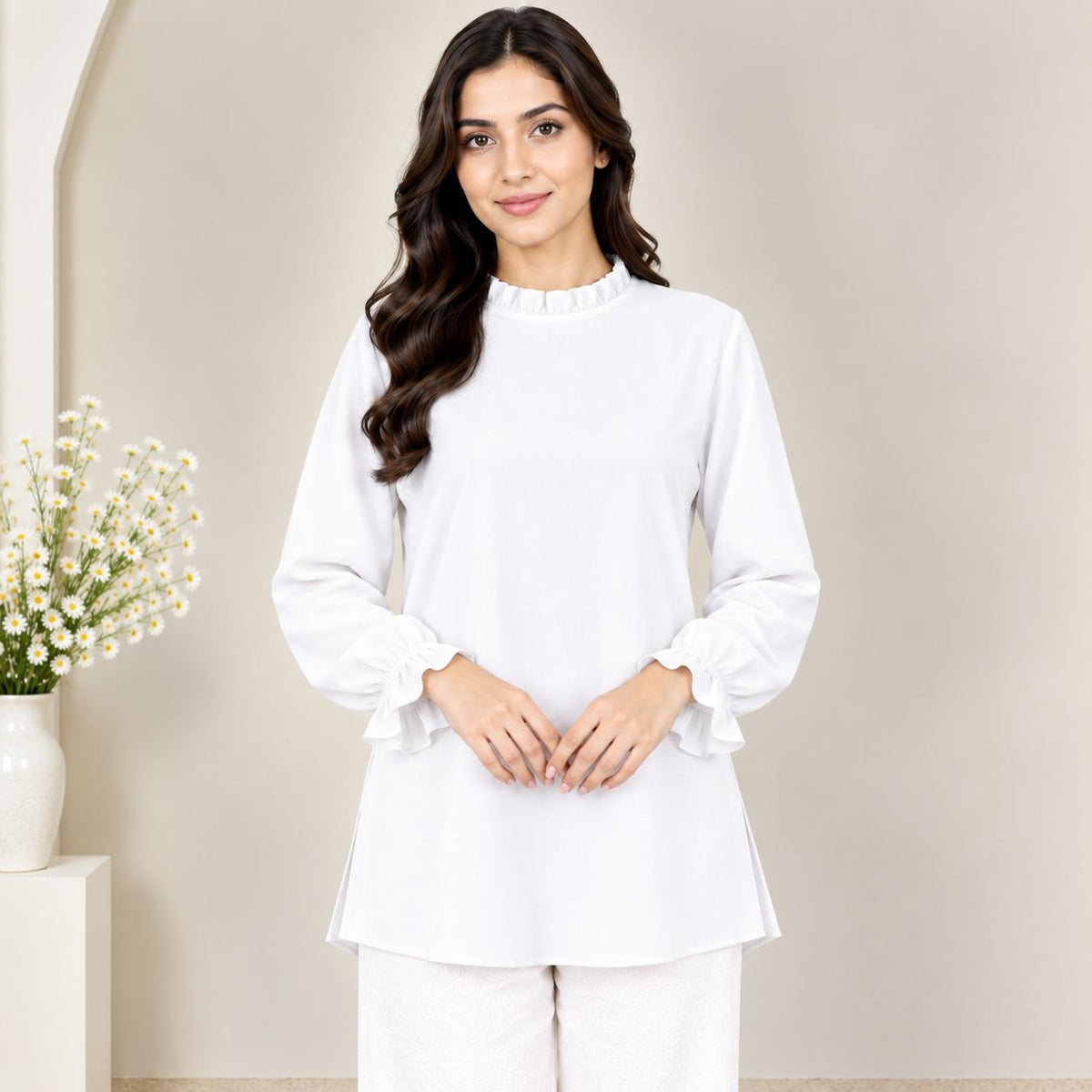 LYANA Ruffle Blouse – Blouse Wanita Leher Ropol Lengan Panjang Zip Belakang – Modest Fashion Muslimah