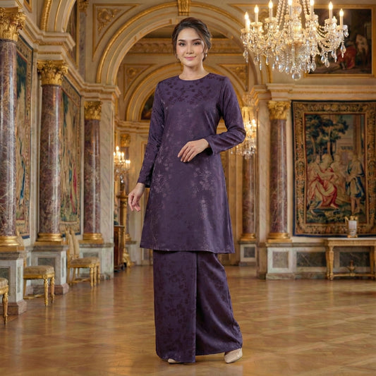 Asyana Kurung Riau Royal Satin Embossed Flowers (Dark Purple)