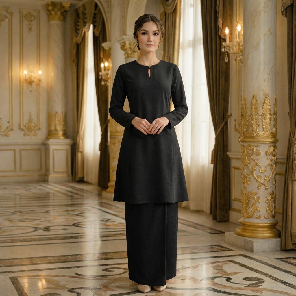 Baju Kurung Pahang Berpesak Material Cotton Plain (Black)