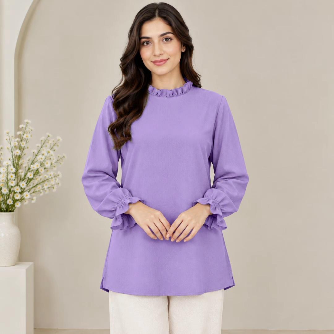 LYANA Ruffle Blouse – Blouse Wanita Leher Ropol Lengan Panjang Zip Belakang – Modest Fashion Muslimah