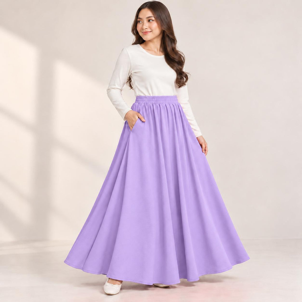 AINA Maxi Skirt – Skirt Labuh Kembang Pinggang Getah – Long Flowy Skirt Modest Fashion Wanita Muslimah