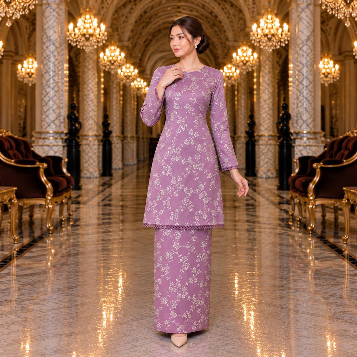 SEROJA Kurung Riau Floral – Baju Kurung Wanita Lace Lengan Panjang Kain Kipas Belakang – Modest Fashion Muslimah
