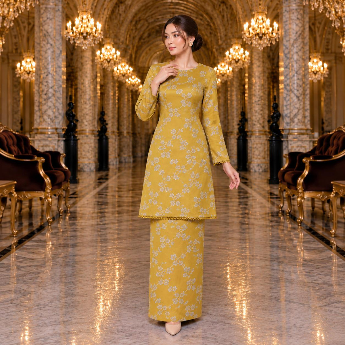 SEROJA Kurung Riau Floral – Baju Kurung Wanita Lace Lengan Panjang Kain Kipas Belakang – Modest Fashion Muslimah