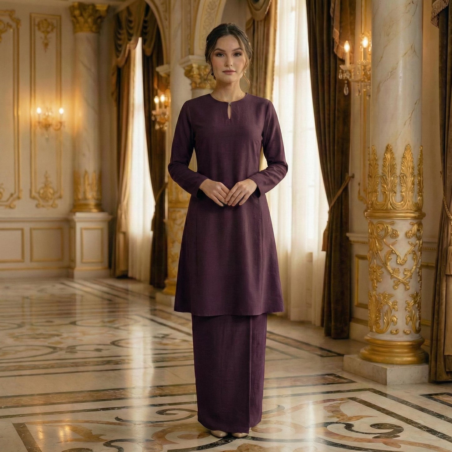 Baju Kurung Pahang Berpesak Material Cotton Plain (Dark Purple)