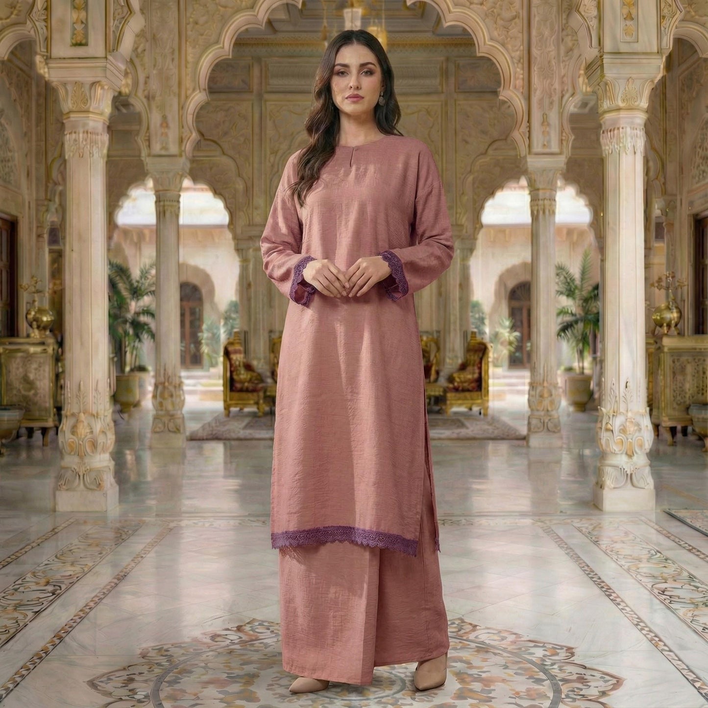 Rembayung Kurung Soft Cotton With Lace (Soft Pink)