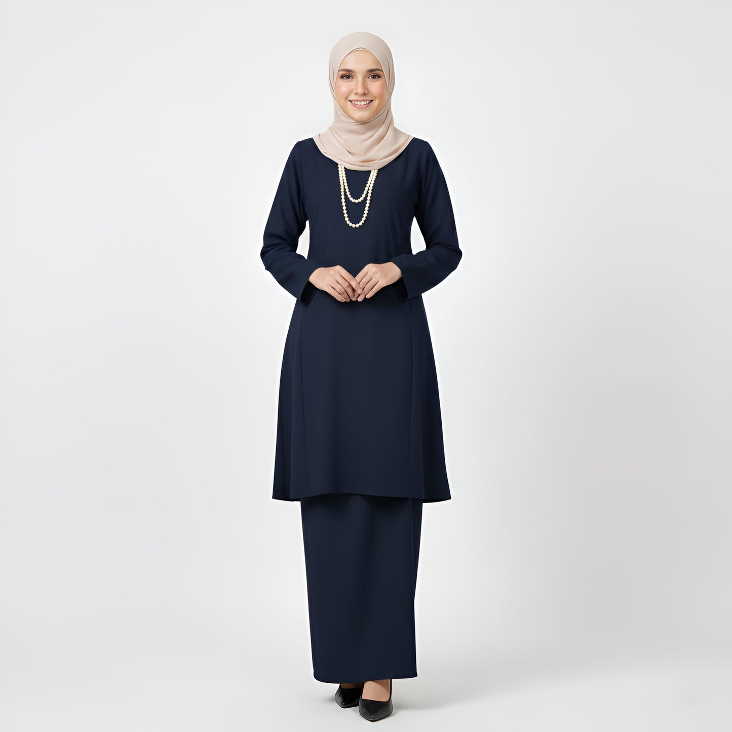 Baju Kurung Pahang Pesak (Navy Blue) Plain Cotton Crepe Ironless