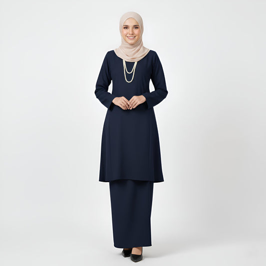 Baju Kurung Pahang Pesak (Navy Blue) Plain Cotton Crepe Ironless