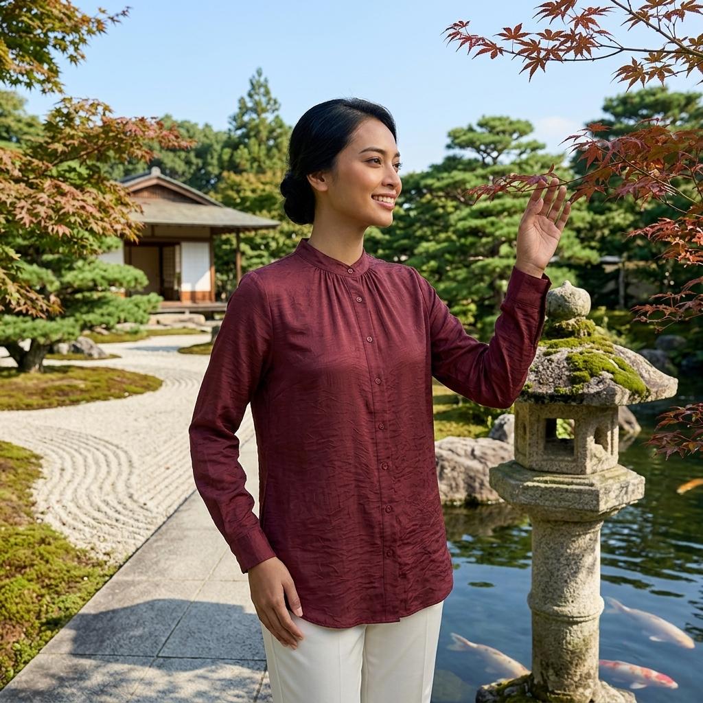 Lovito Elegant Blouse Button - Blouse Muslimah Ironless Vallisse Satin - Labuh Longgar Moden Casual Office Daily Wear