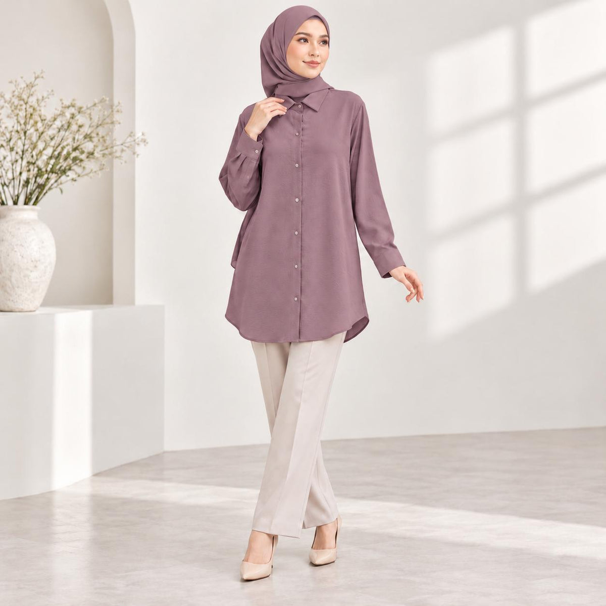 LANA Blouse Long Sleeves Kemeja Kolar With Front Buttons - Material CEY - Modest Fashion Wanita