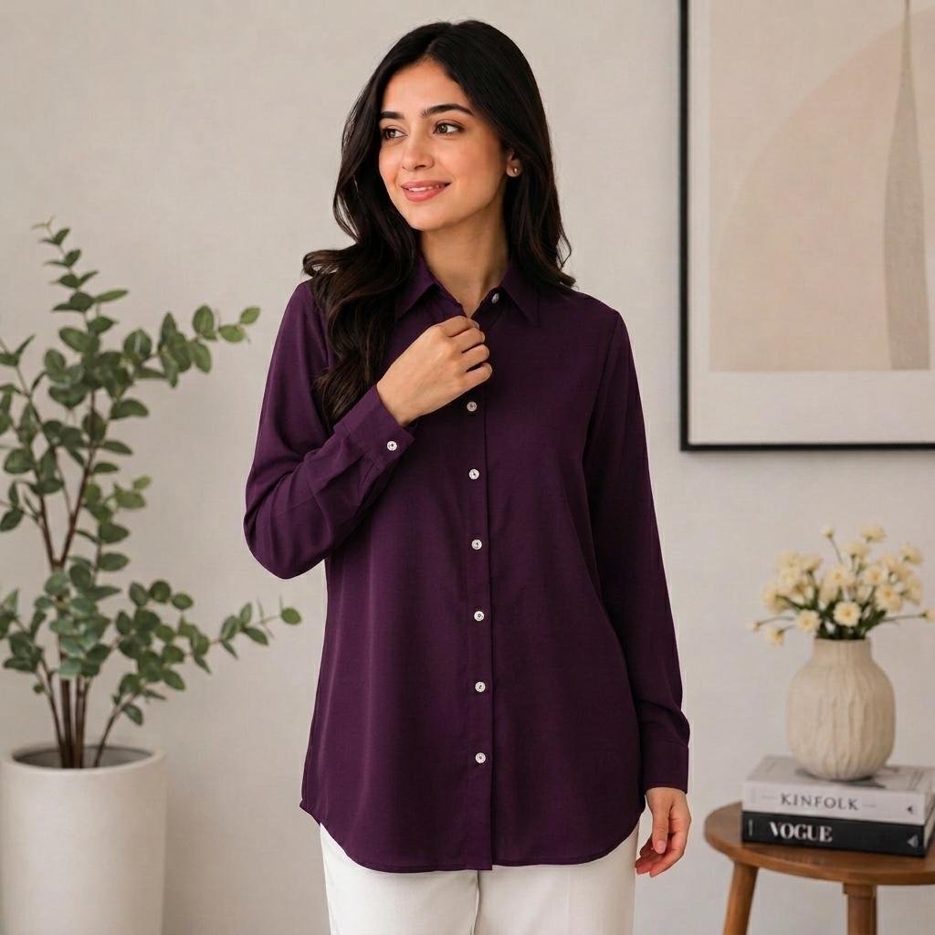 AURELIA Blouse Premium Satin-Touch Long Sleeve Button-Down Collar Plus Size Blouse for Women Fashion Muslimah