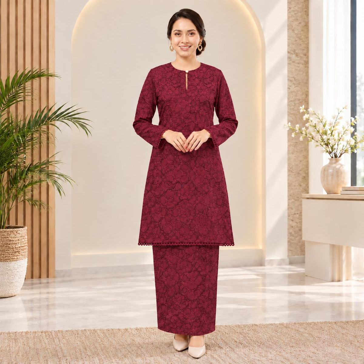 SERI KENCANA Kurung Riau Floral - Sutera Vietnam With Premium Lace - Modest Fashion Wanita Muslimah