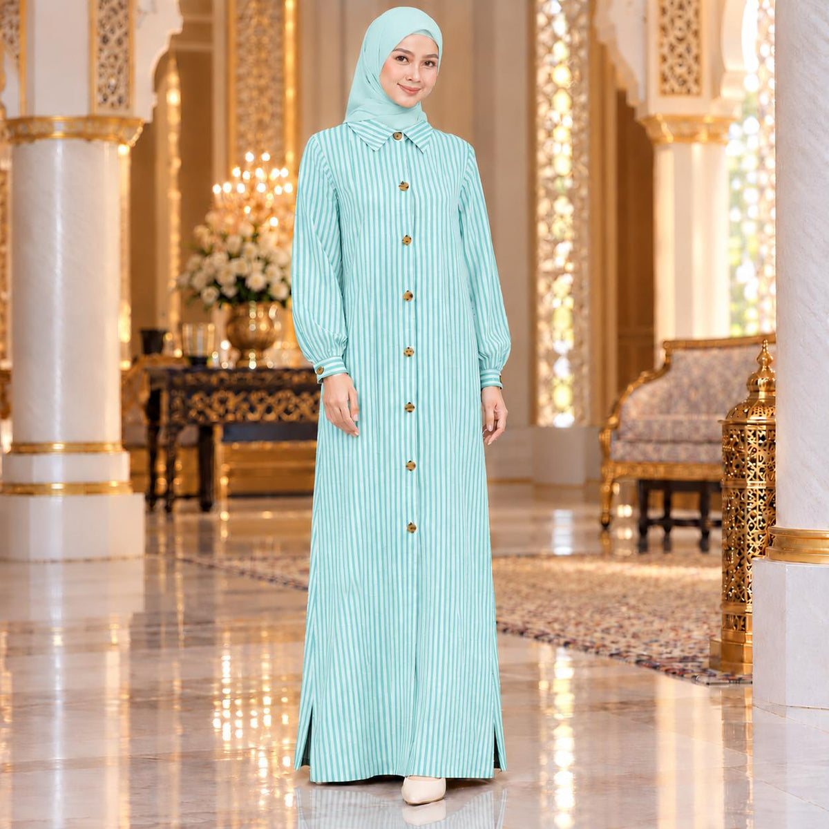 ALEENA Jubbah Stripe Button Collared - Jubah Kemeja Jalur Butang Hadapan Lengan Panjang - Modest Fashion Wanita Muslimah