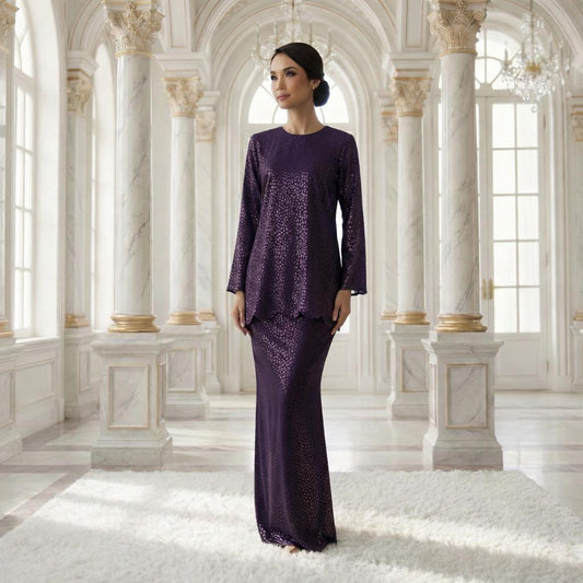 Aryana  Mini Kurung Royal Satin Dot Embossed (Dark Purple)