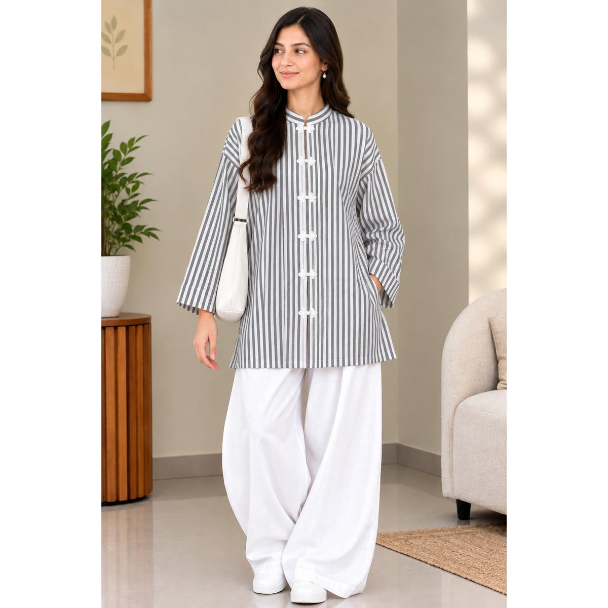 AYLIN Mandarin Blouse Cotton Line - Butang Sulam - Long Sleeve Mandrin Kolar - Modest Fashion Wanita Muslimah