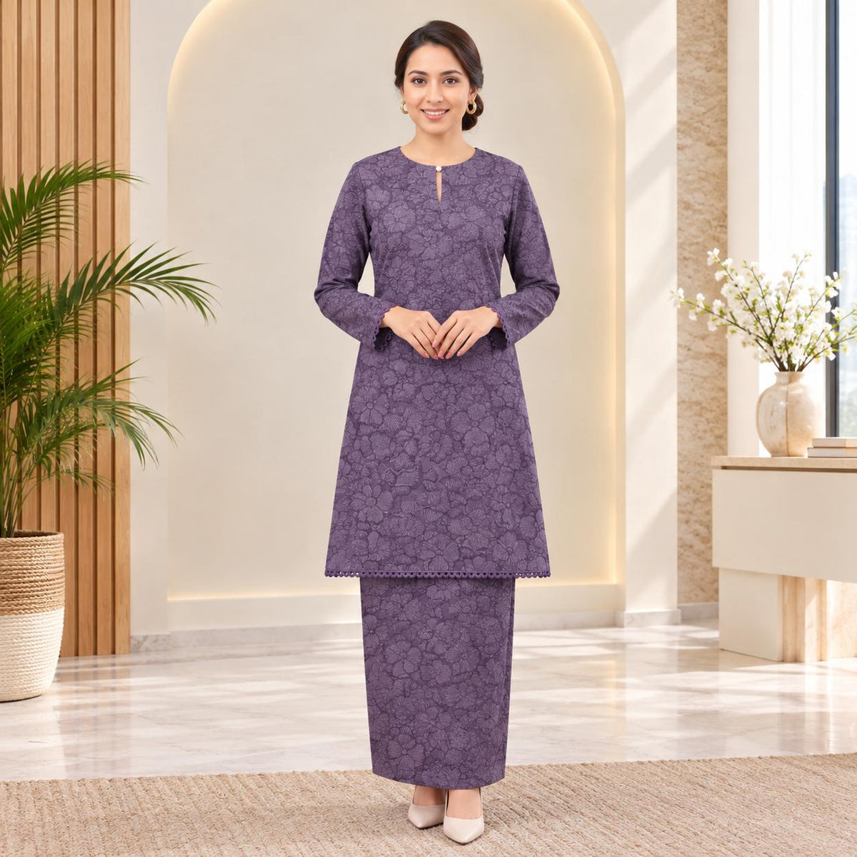 SERI KENCANA Kurung Riau Floral - Sutera Vietnam With Premium Lace - Modest Fashion Wanita Muslimah