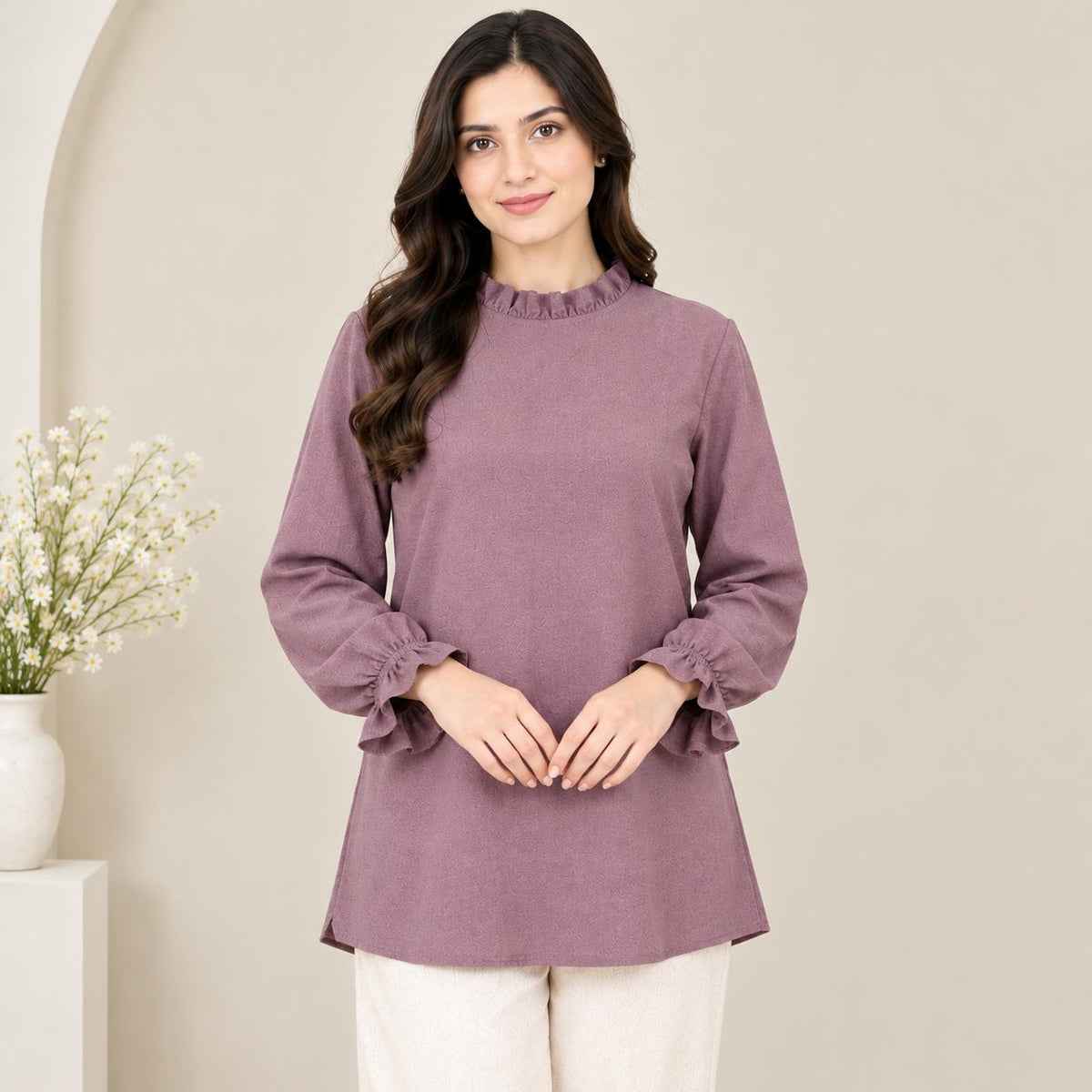 LYANA Ruffle Blouse – Blouse Wanita Leher Ropol Lengan Panjang Zip Belakang – Modest Fashion Muslimah