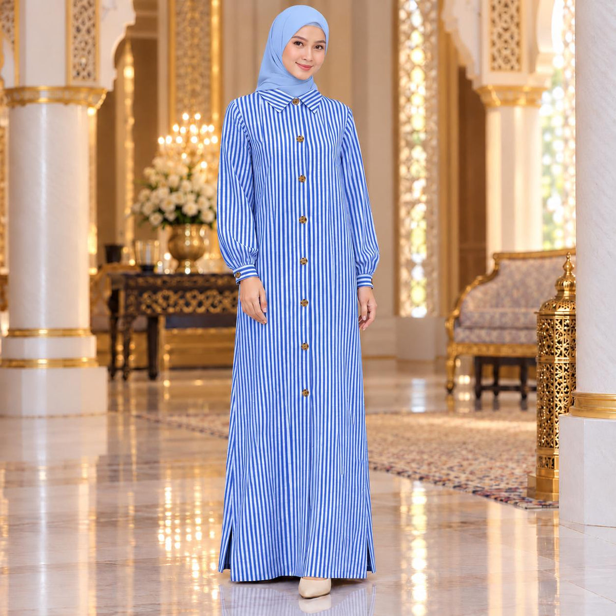 ALEENA Jubbah Stripe Button Collared - Jubah Kemeja Jalur Butang Hadapan Lengan Panjang - Modest Fashion Wanita Muslimah