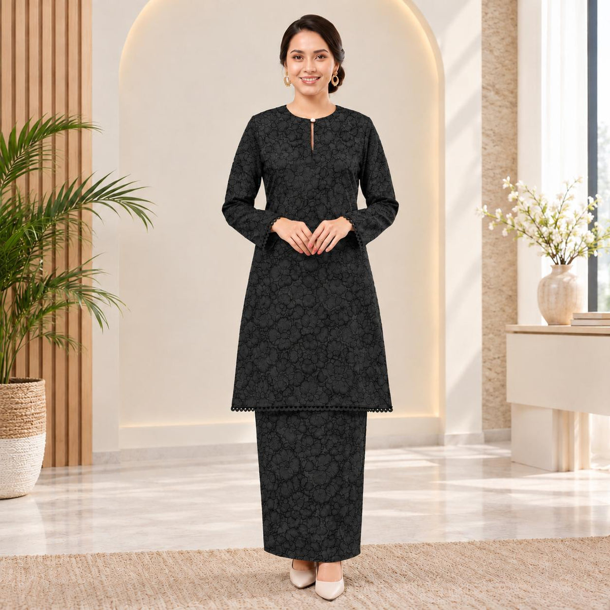 SERI KENCANA Kurung Riau Floral - Sutera Vietnam With Premium Lace - Modest Fashion Wanita Muslimah