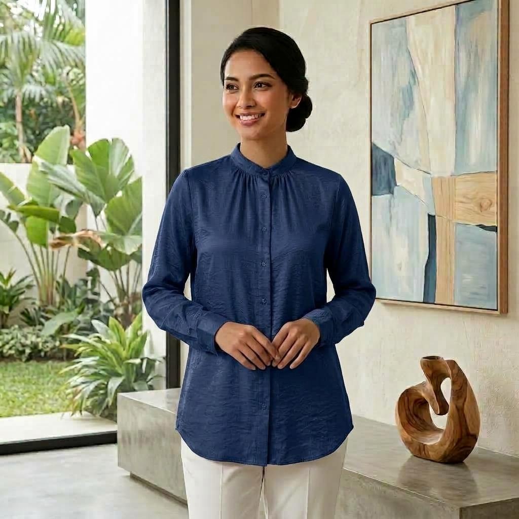 Lovito Elegant Blouse Button - Blouse Muslimah Ironless Vallisse Satin - Labuh Longgar Moden Casual Office Daily Wear