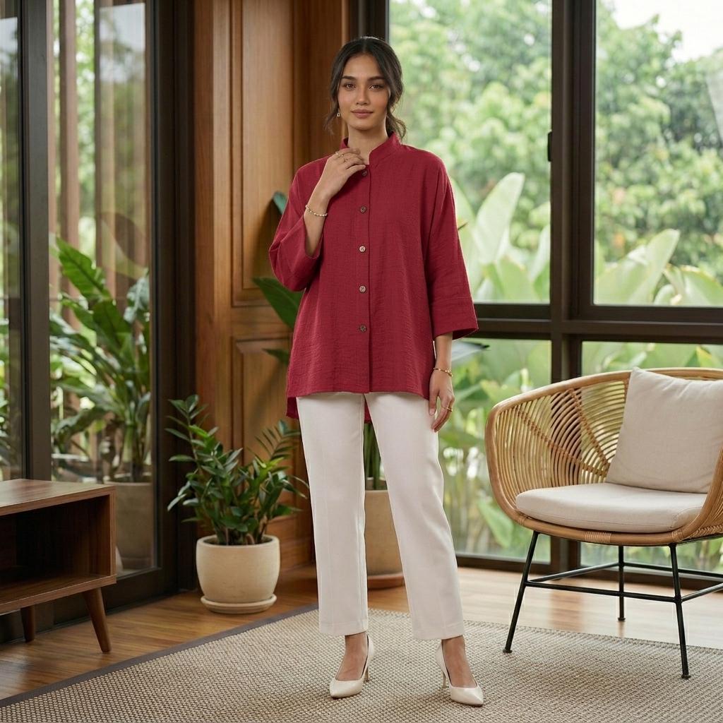 AERIN Blouse Free Size - Cotton Linen 3/4 Sleeve With Wooded Button Fashion Wanita Muslimah
