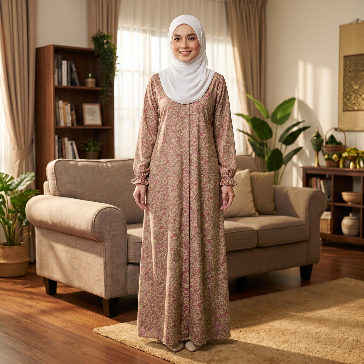 LARISA Jubbah Floral - Satin Sutera Vietnam - Side Pocket - Casual Wear Fashion Wanita Muslimah
