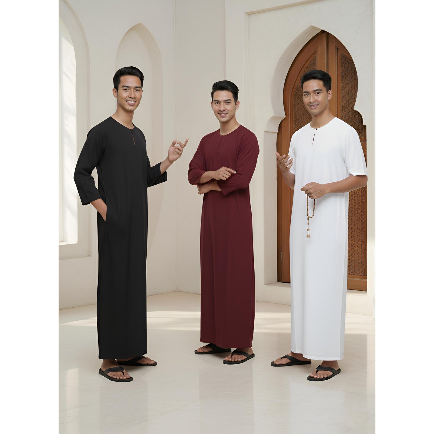 Jubah Lelaki Lengan Pendek Round Neck One Button 3/4 Sleeve (Maroon)