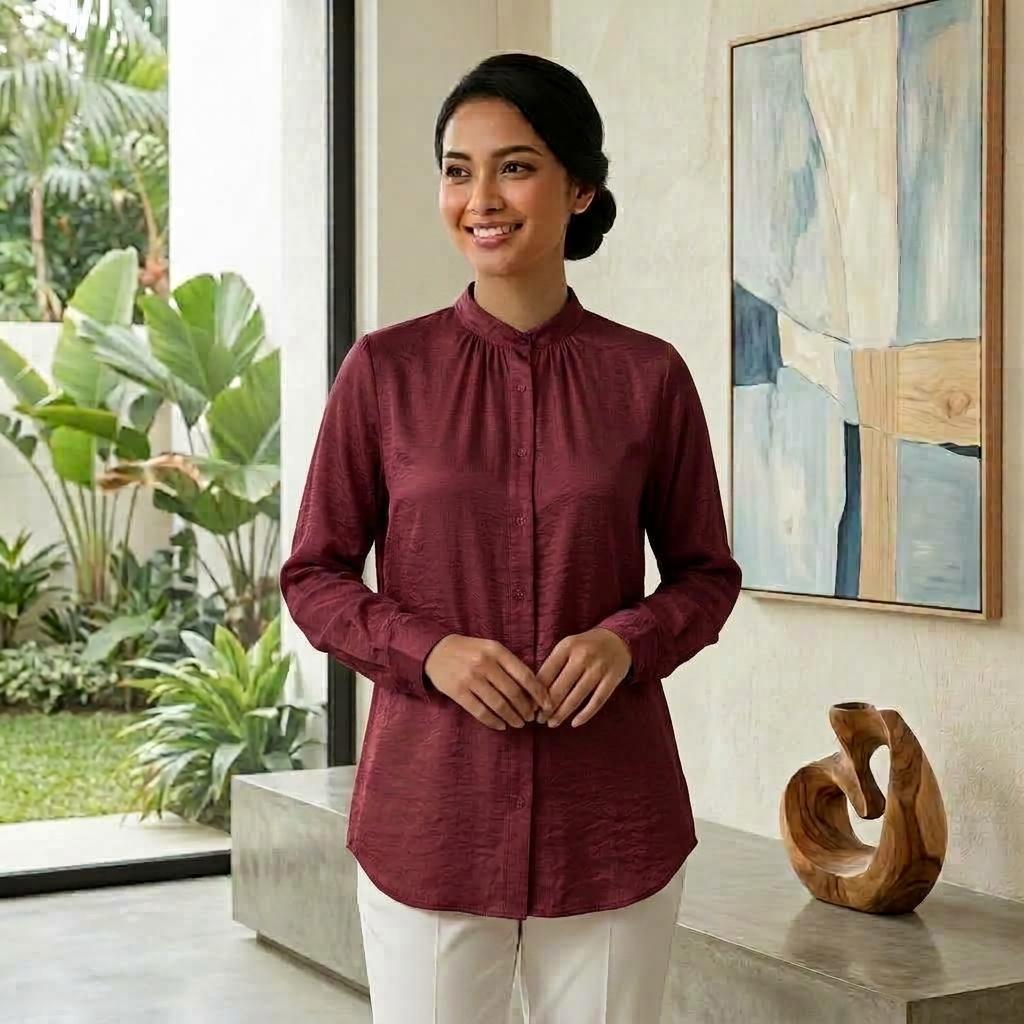 Lovito Elegant Blouse Button - Blouse Muslimah Ironless Vallisse Satin - Labuh Longgar Moden Casual Office Daily Wear