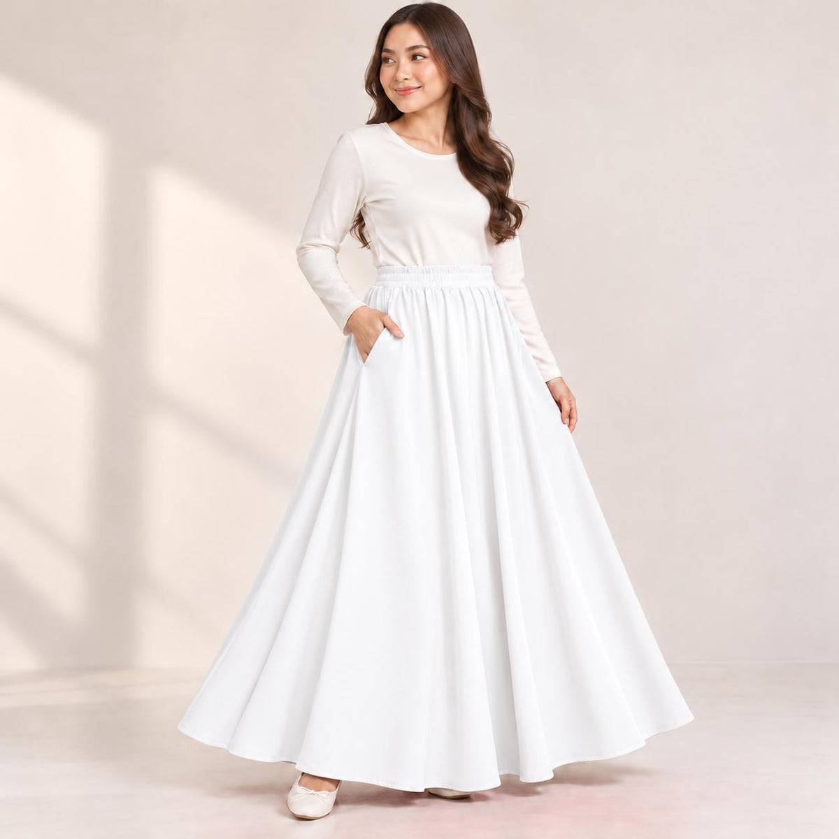 AINA Maxi Skirt – Skirt Labuh Kembang Pinggang Getah – Long Flowy Skirt Modest Fashion Wanita Muslimah
