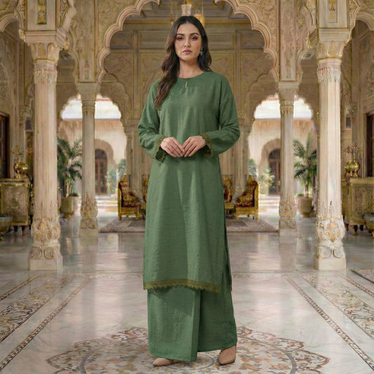 Rembayung Kurung Soft Cotton With Lace (Moss Green)