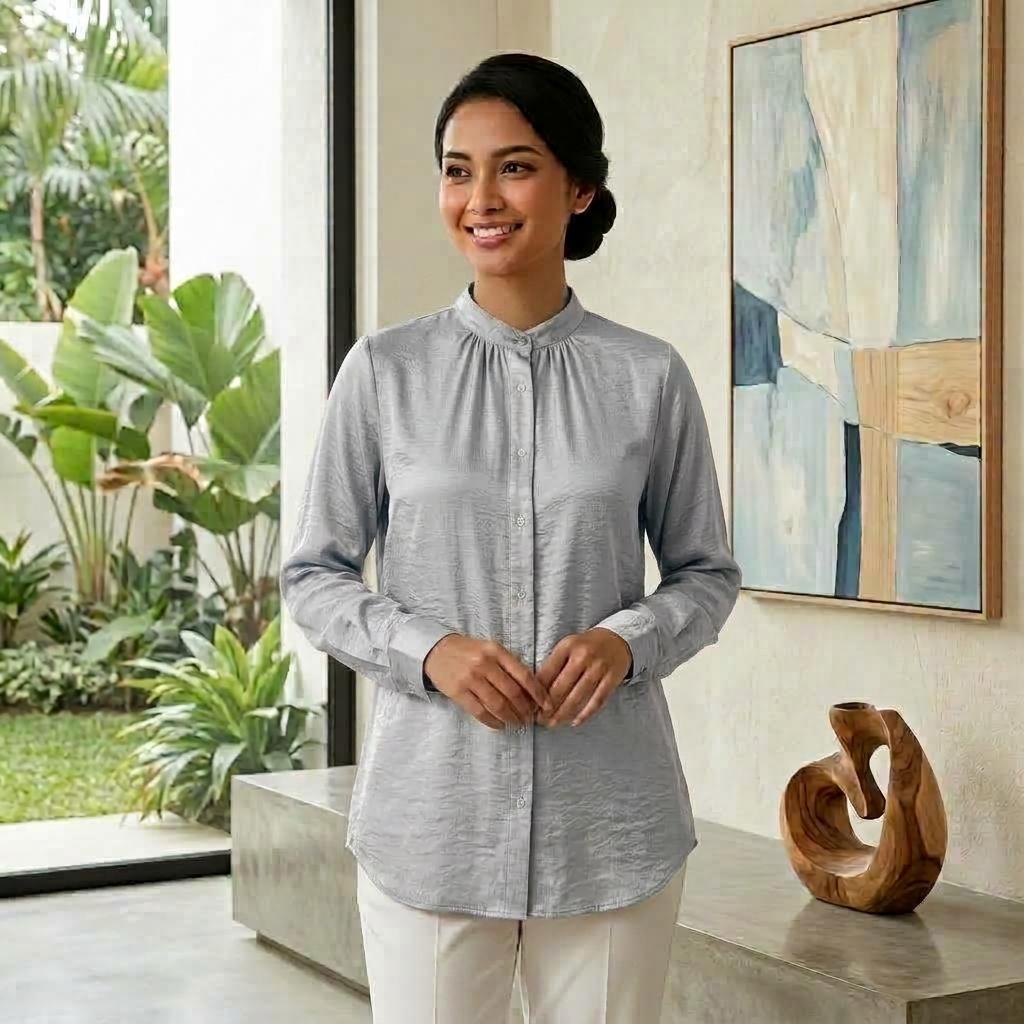 Lovito Elegant Blouse Button - Blouse Muslimah Ironless Vallisse Satin - Labuh Longgar Moden Casual Office Daily Wear