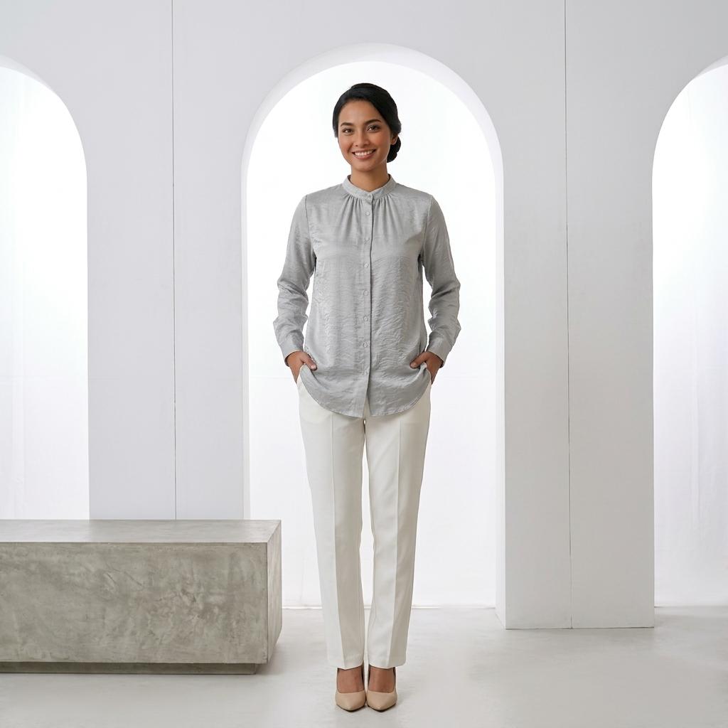Lovito Elegant Blouse Button - Blouse Muslimah Ironless Vallisse Satin - Labuh Longgar Moden Casual Office Daily Wear