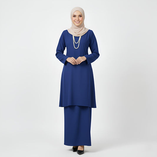 Baju Kurung Pahang Pesak (Royal Blue) Plain Cotton Crepe Ironless