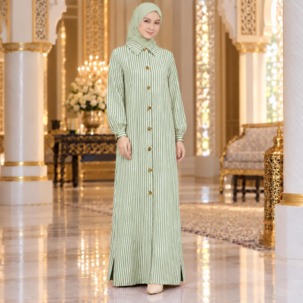 ALEENA Jubbah Stripe Button Collared - Jubah Kemeja Jalur Butang Hadapan Lengan Panjang - Modest Fashion Wanita Muslimah