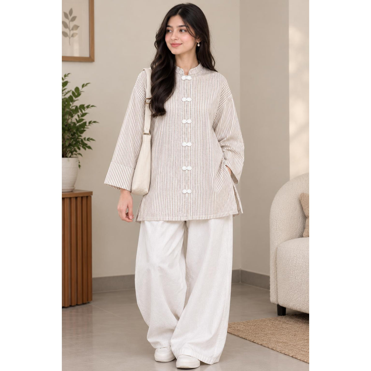 AYLIN Mandarin Blouse Cotton Line - Butang Sulam - Long Sleeve Mandrin Kolar - Modest Fashion Wanita Muslimah