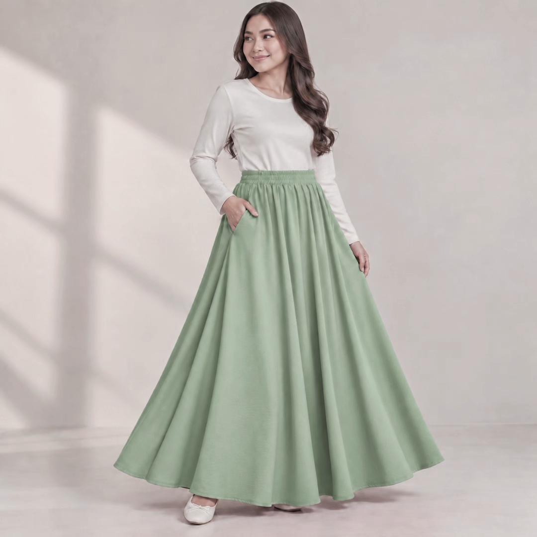 AINA Maxi Skirt – Skirt Labuh Kembang Pinggang Getah – Long Flowy Skirt Modest Fashion Wanita Muslimah