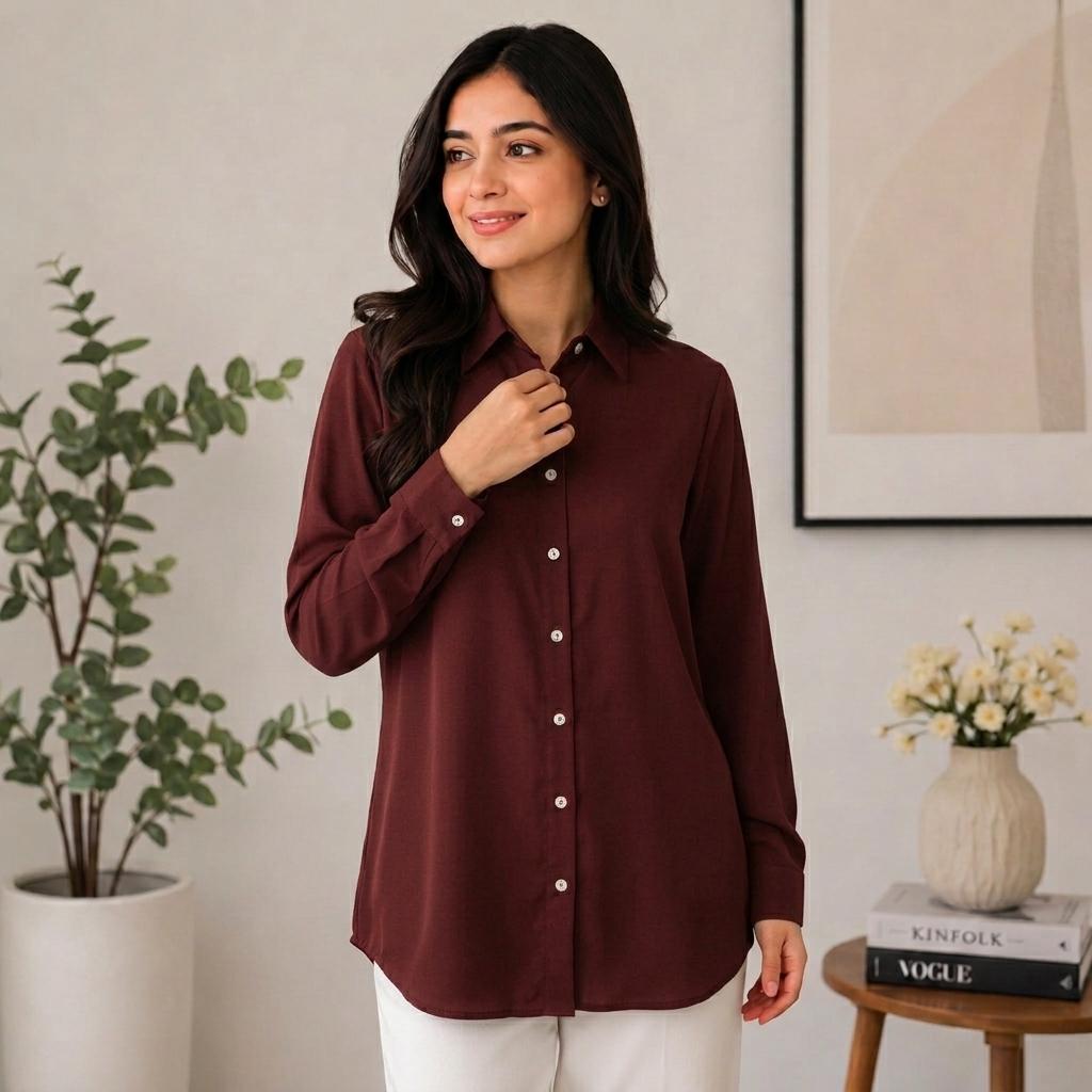 AURELIA Blouse Premium Satin-Touch Long Sleeve Button-Down Collar Plus Size Blouse for Women Fashion Muslimah