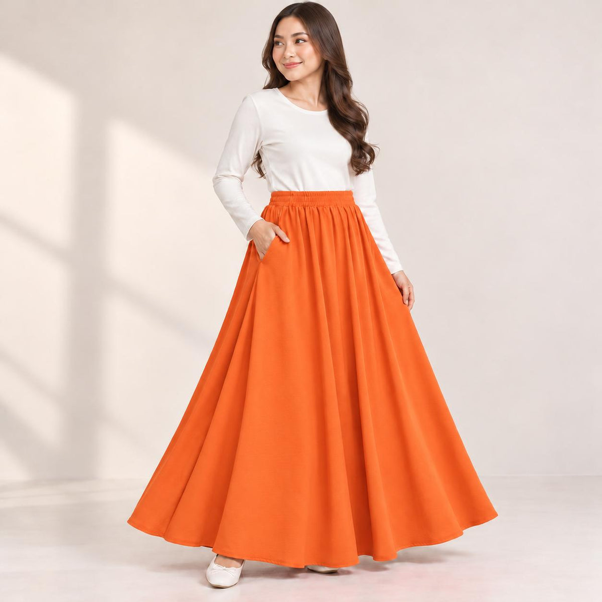 AINA Maxi Skirt – Skirt Labuh Kembang Pinggang Getah – Long Flowy Skirt Modest Fashion Wanita Muslimah