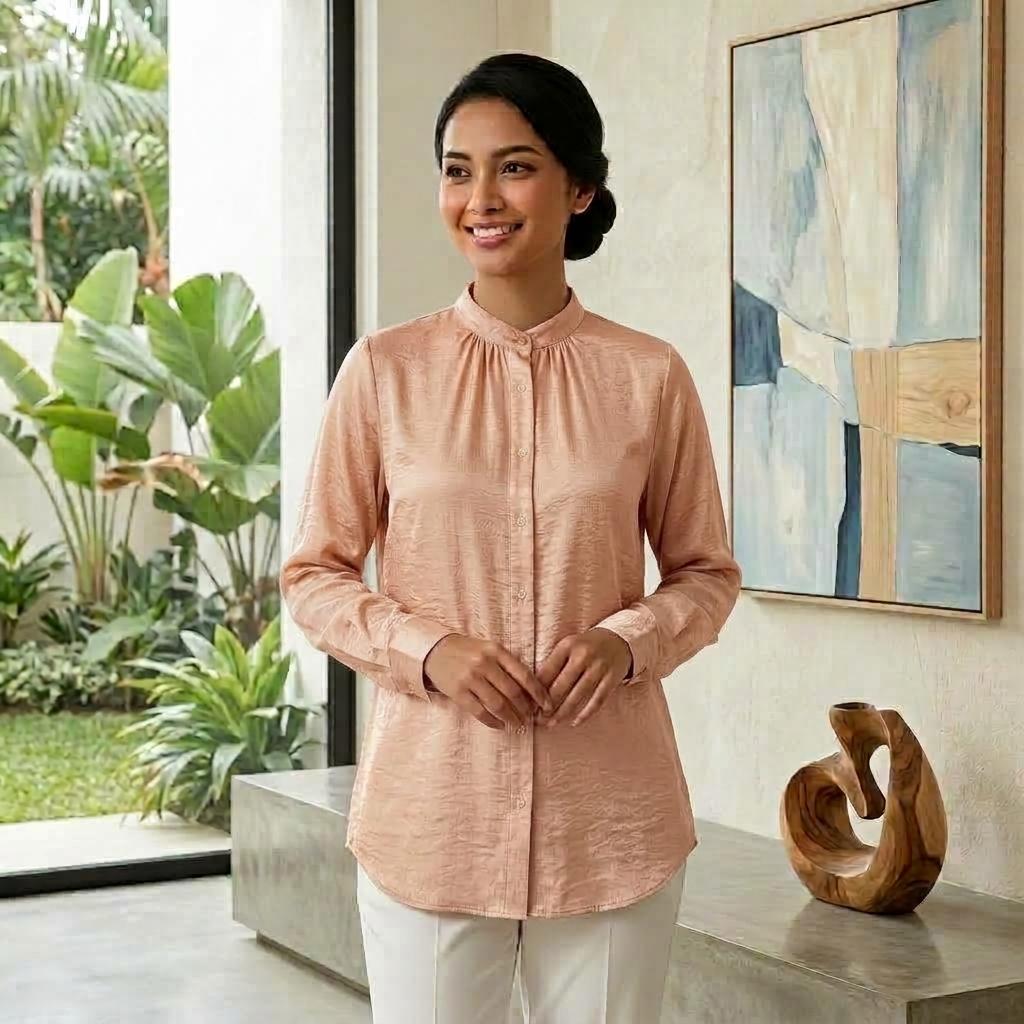 Lovito Elegant Blouse Button - Blouse Muslimah Ironless Vallisse Satin - Labuh Longgar Moden Casual Office Daily Wear