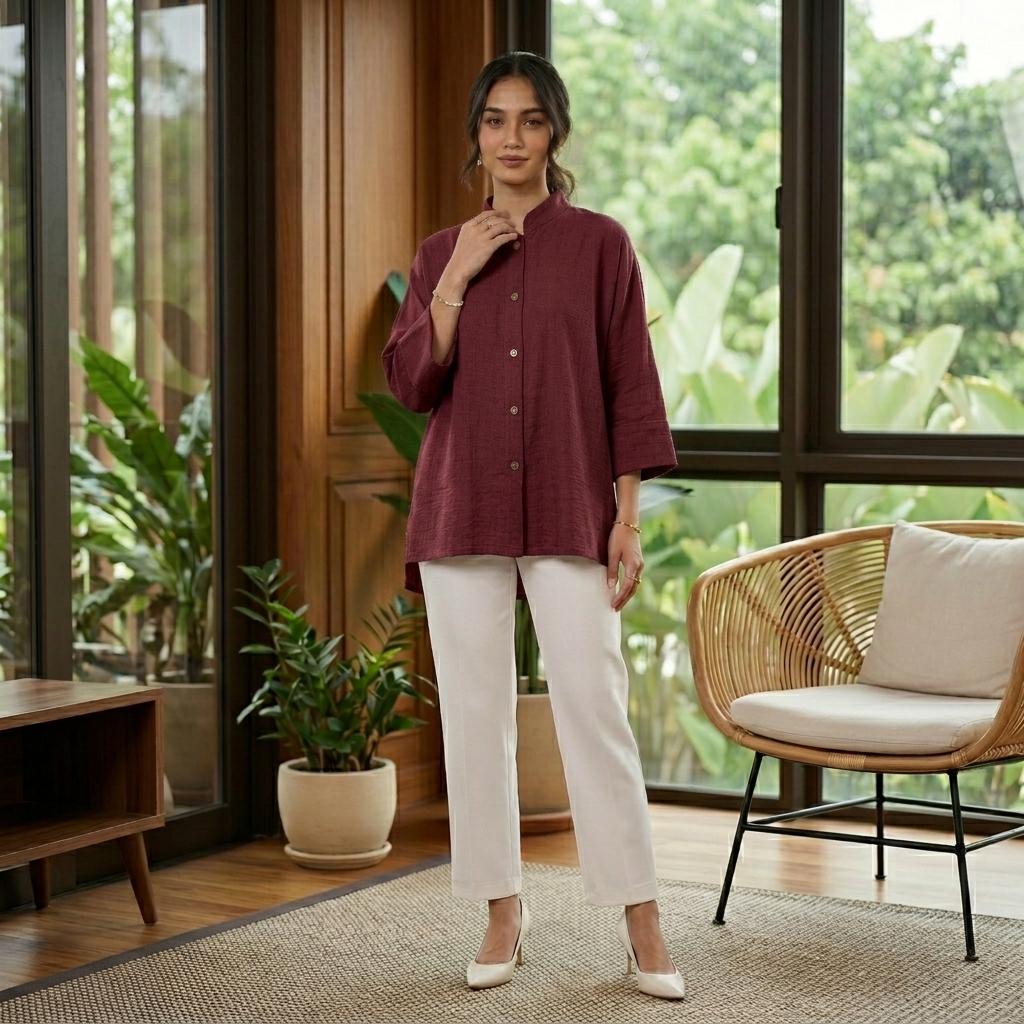 AERIN Blouse Free Size - Cotton Linen 3/4 Sleeve With Wooded Button Fashion Wanita Muslimah