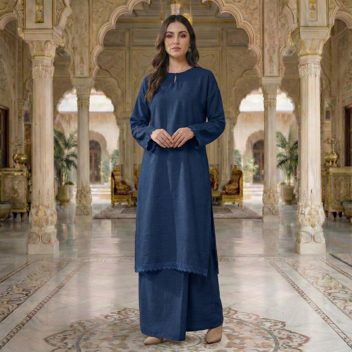 Rembayung Kurung Soft Cotton With Lace (Navy Blue)