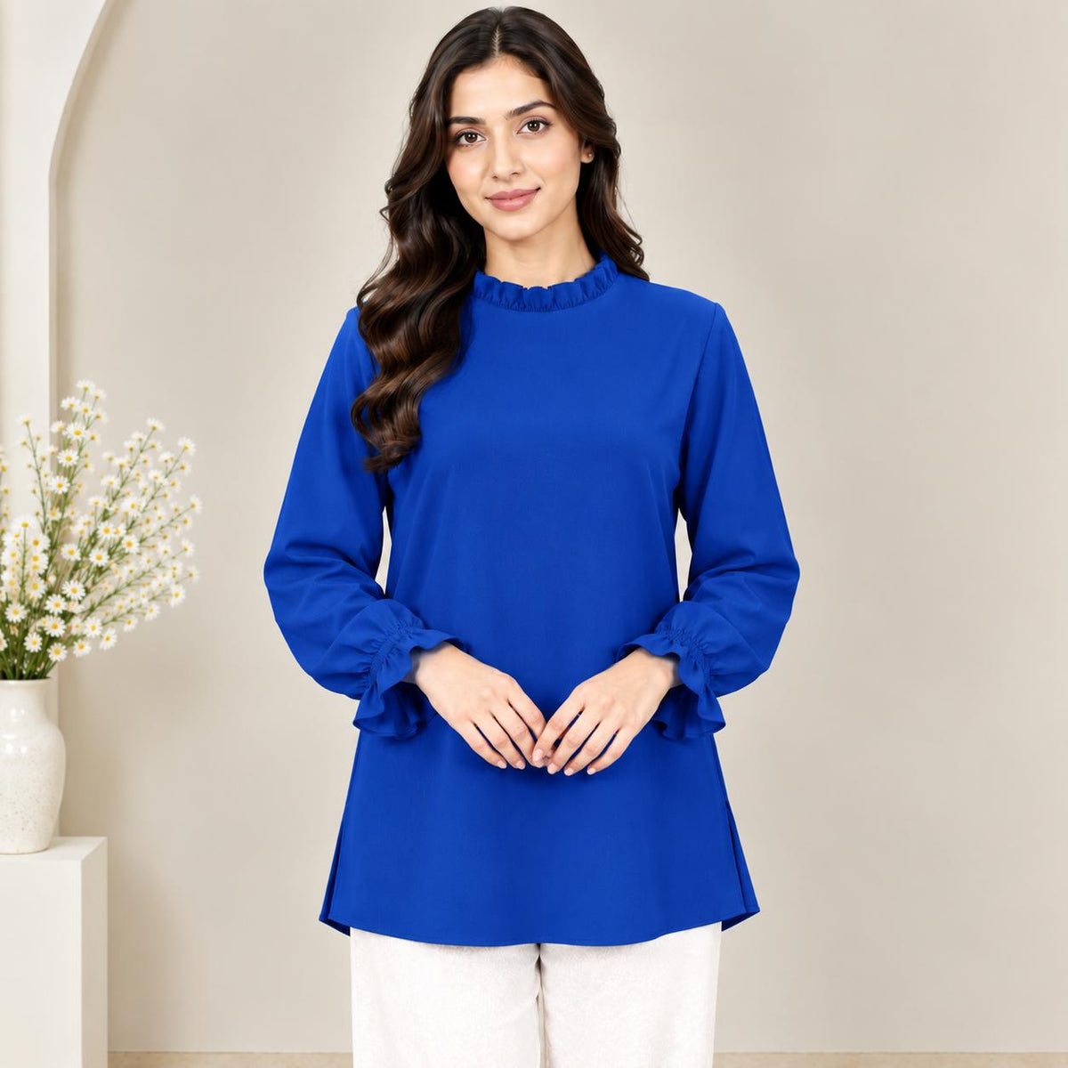 LYANA Ruffle Blouse – Blouse Wanita Leher Ropol Lengan Panjang Zip Belakang – Modest Fashion Muslimah