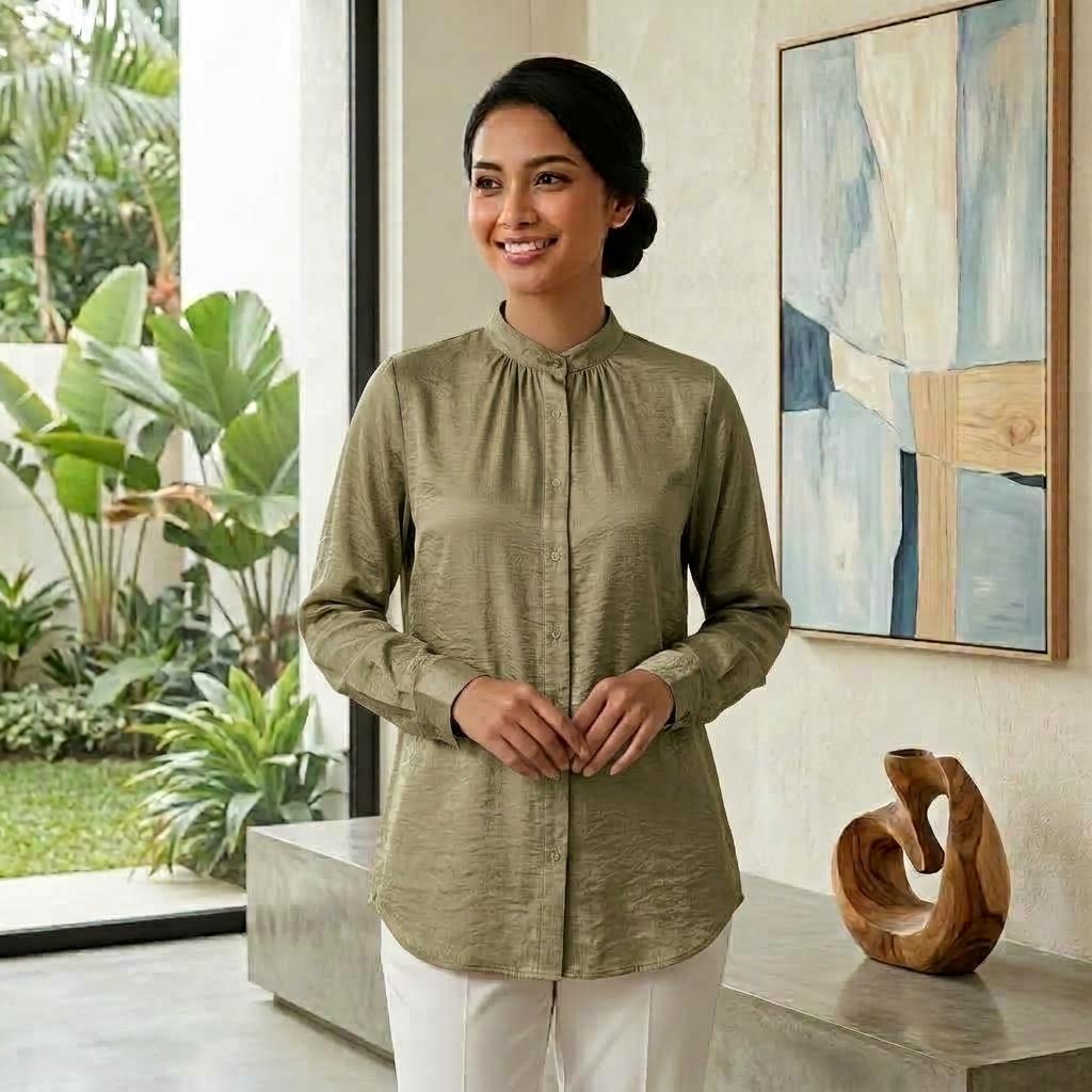 Lovito Elegant Blouse Button - Blouse Muslimah Ironless Vallisse Satin - Labuh Longgar Moden Casual Office Daily Wear