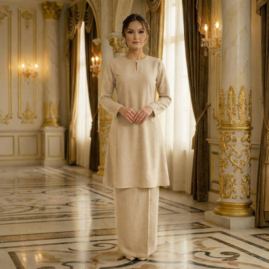 Baju Kurung Pahang Berpesak Material Cotton Plain (Beige)