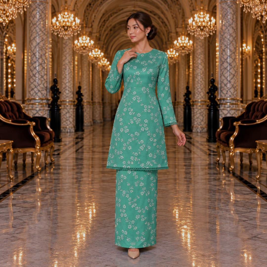 SEROJA Kurung Riau Floral – Baju Kurung Wanita Lace Lengan Panjang Kain Kipas Belakang – Modest Fashion Muslimah
