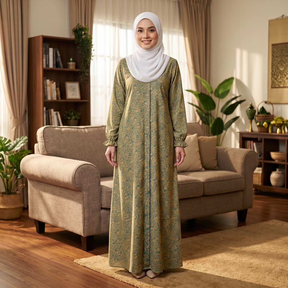 LARISA Jubbah Floral - Satin Sutera Vietnam - Side Pocket - Casual Wear Fashion Wanita Muslimah