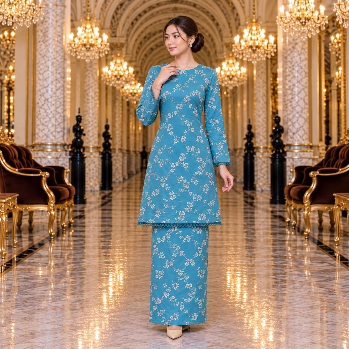 SEROJA Kurung Riau Floral – Baju Kurung Wanita Lace Lengan Panjang Kain Kipas Belakang – Modest Fashion Muslimah